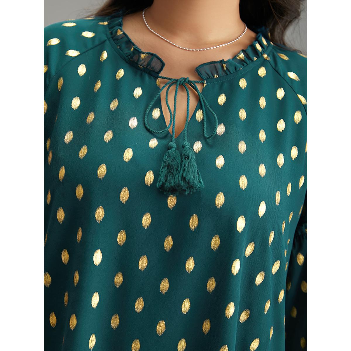 Plus Size Cyan Geo Glitter Tassels Ties Blouse Women Glamour Elbow-length sleeve Tie Neck Going out Blouses BloomChic 18-20/2X Product Image