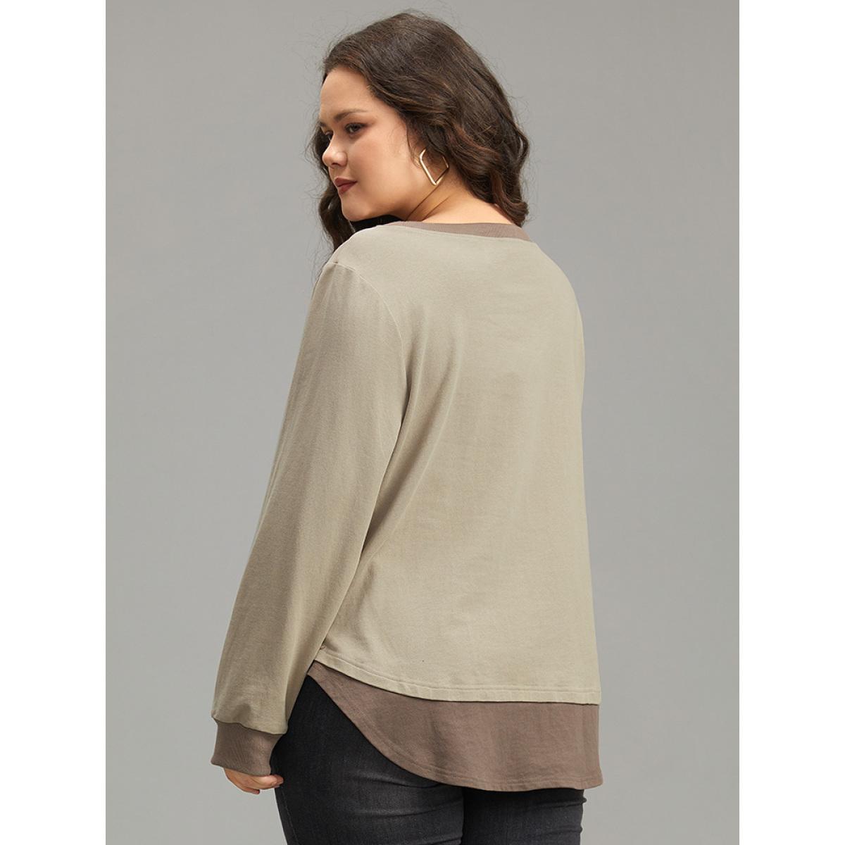 Plus Size Cotton Two Tone Layered Sweatshirt Women LightBrown Casual Arc Hem Round Neck Dailywear Sweatshirts BloomChic 10/M Product Image