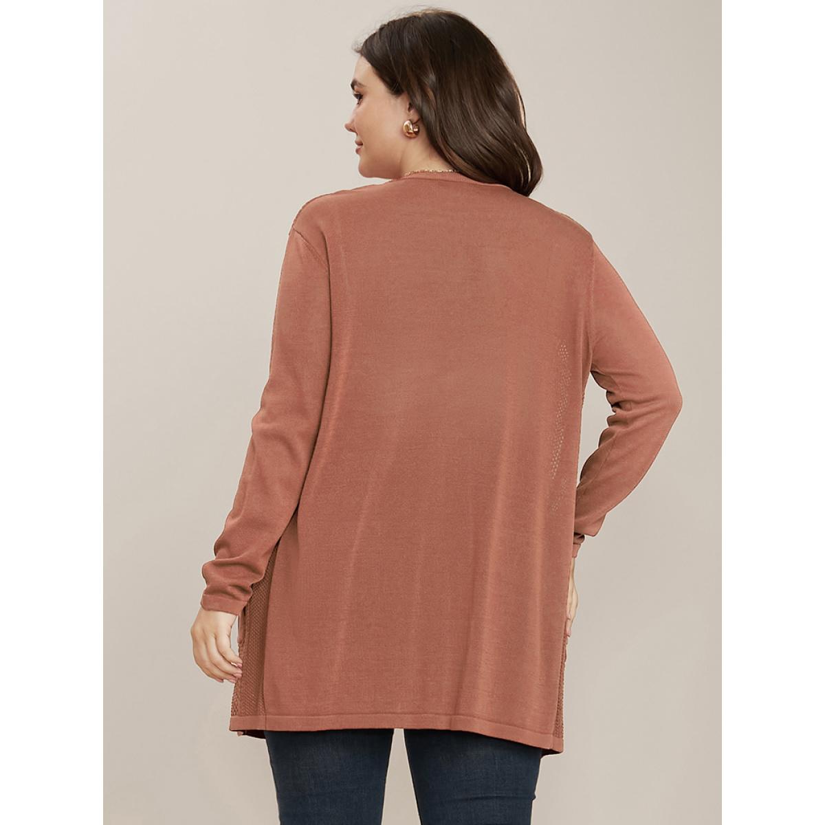 Plus Size Plain Ice Rayon Yarn Eyelet Pocket Button Front Cardigan Russet Women Casual Long Sleeve Dailywear Cardigans BloomChic 10/M Product Image