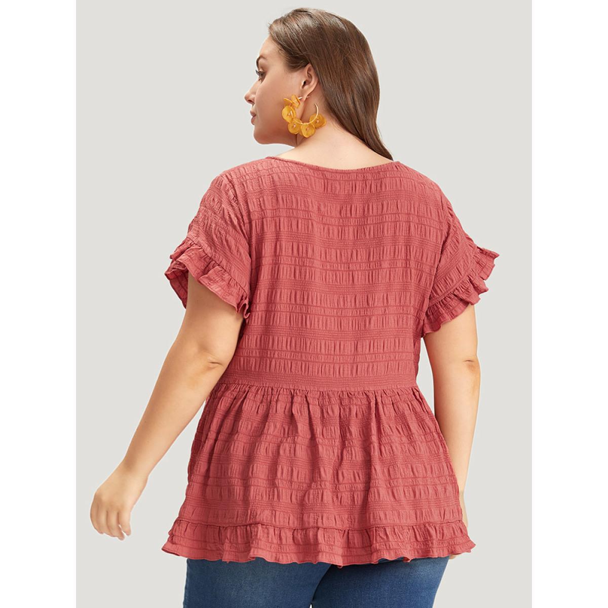 Plus Size Coral Plain Textured Button Detail Ruffle Sleeve Blouse Women Elegant Short sleeve V-neck Dailywear Blouses BloomChic 18-20/2X Product Image