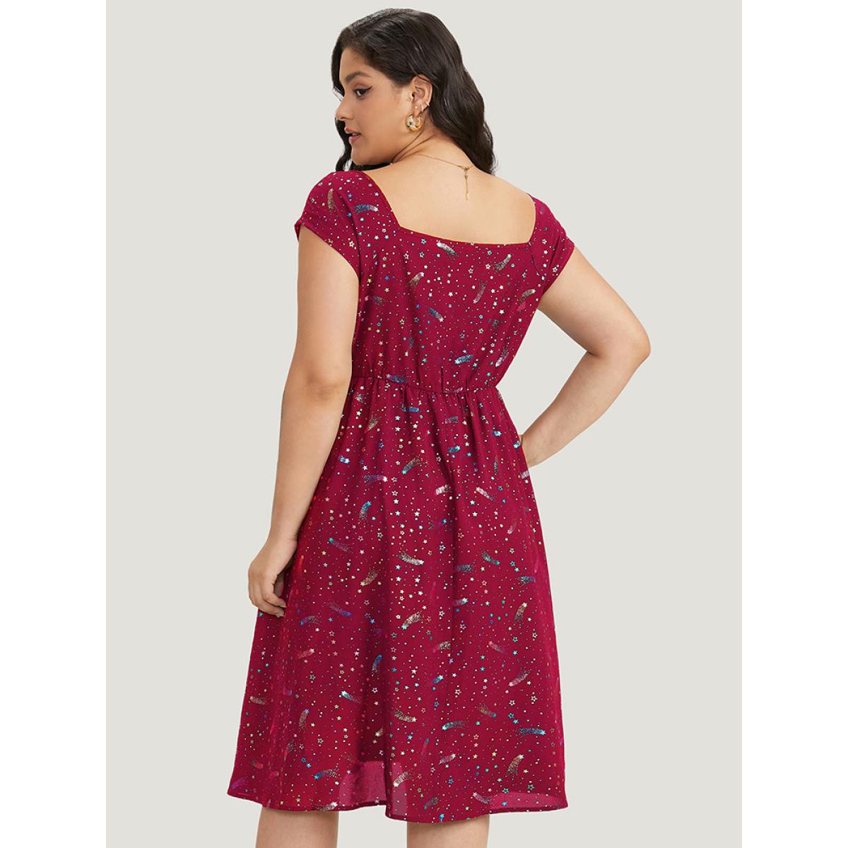 Plus Size Star Glitter Pocket Ruched Square Neck Dress Burgundy Women Elegant Gathered Square Neck Sleeveless Curvy Midi Dress BloomChic 22-24/3X Product Image
