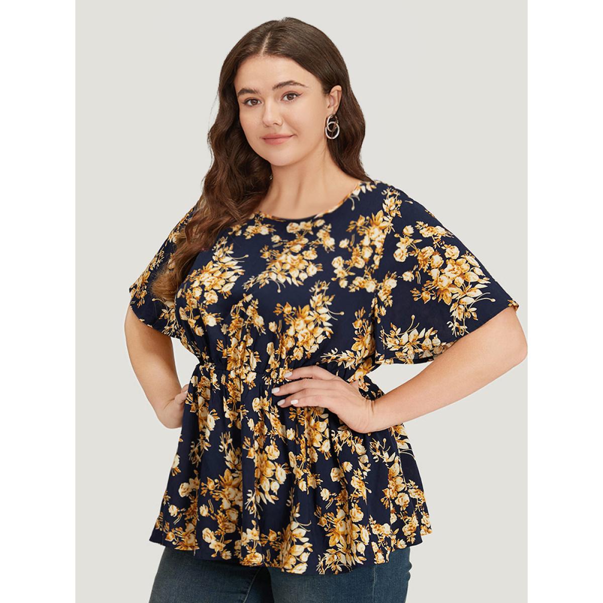 Plus Size Indigo Floral Print Flutter Sleeve Elastic Waist Blouse Women Elegant Short sleeve Round Neck Dailywear Blouses BloomChic 12/L Product Image