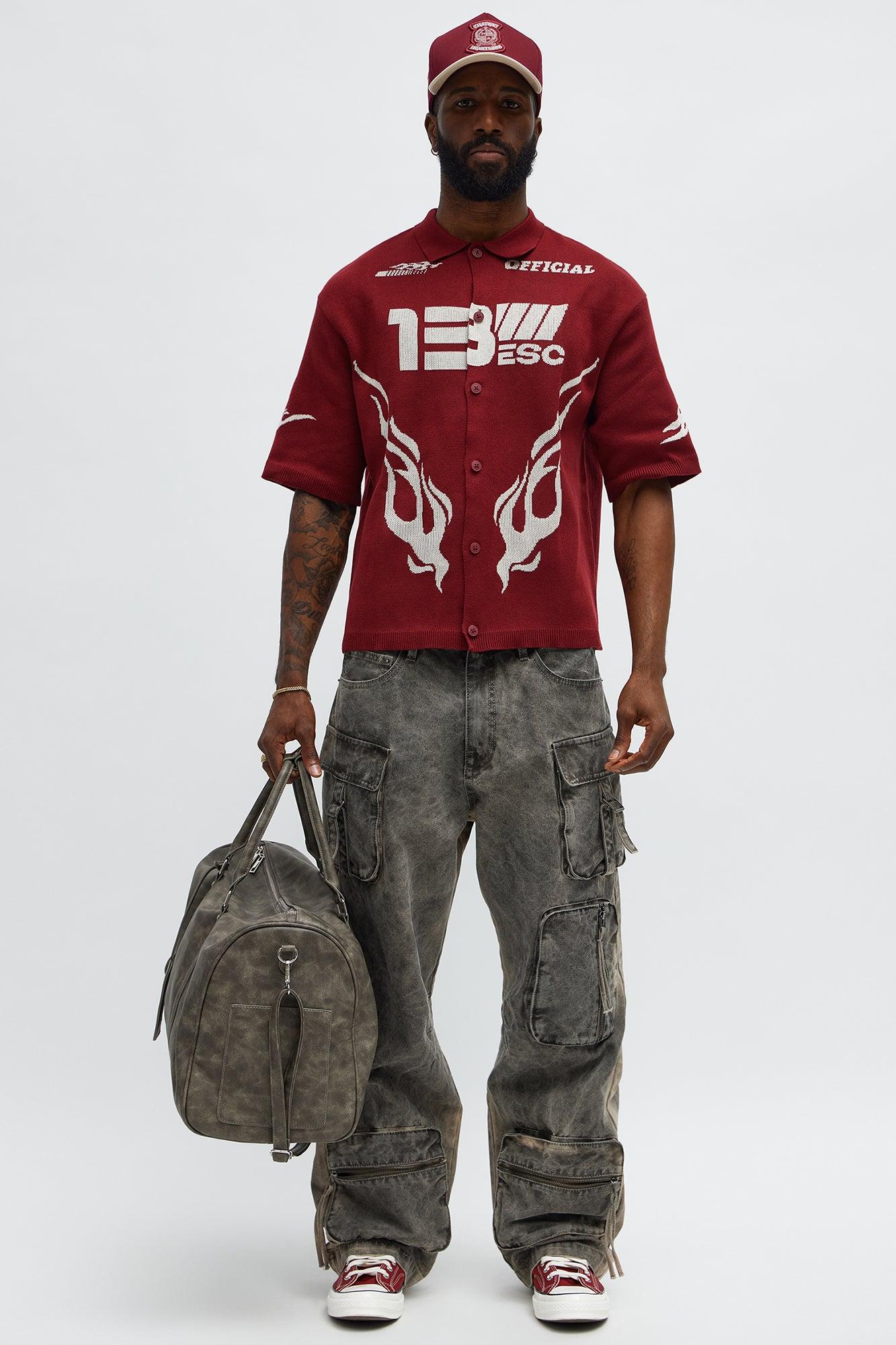 Regular Fit 13 Button Up Sweater Shirt - Red/White Male Product Image