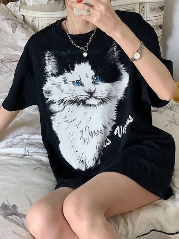 Kitty Print Oversized Short Sleeve Tee Product Image