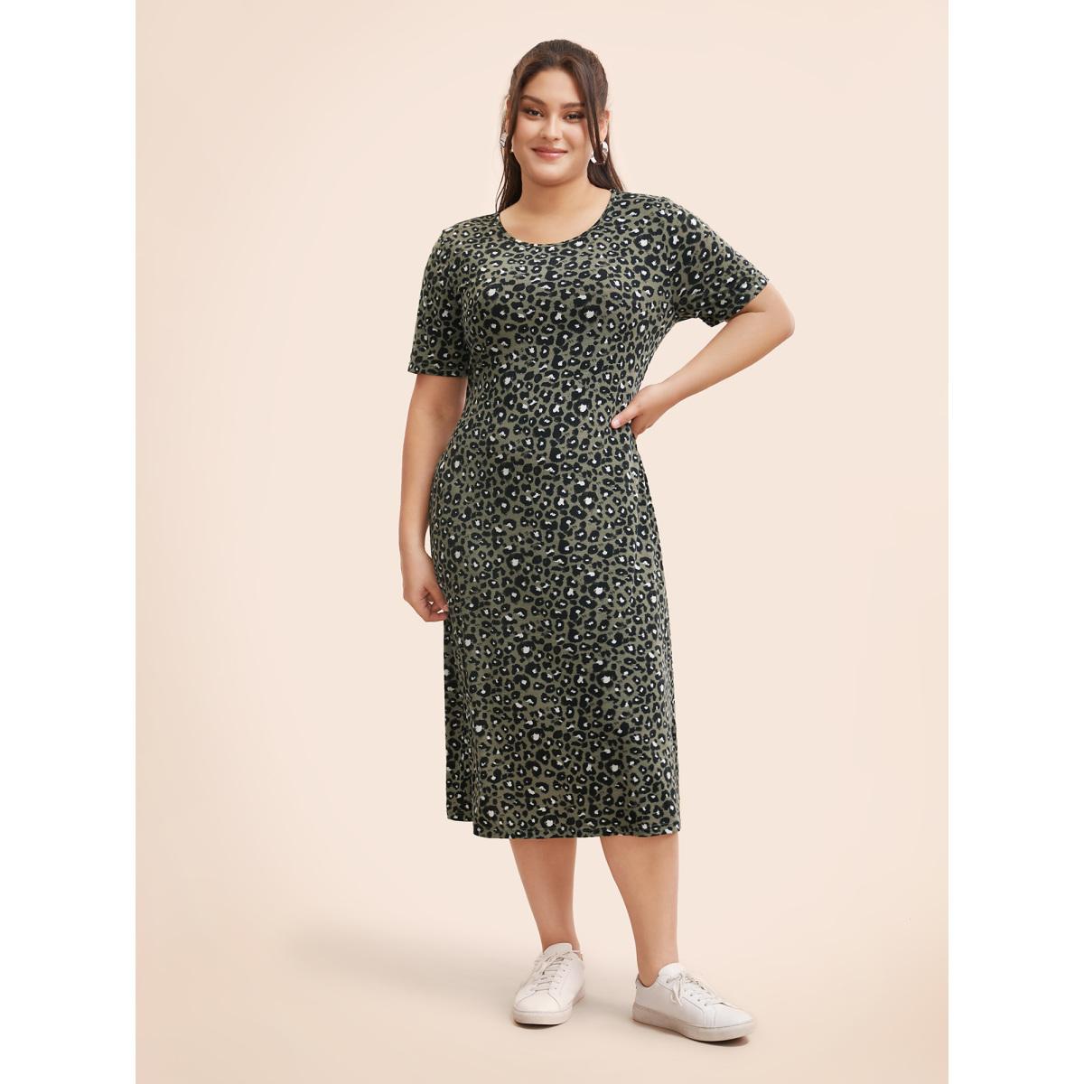 Plus Size Round Neck Leopard Print Midi Dress Sage Women Casual Non Round Neck Short sleeve Curvy BloomChic 14-16/1X Product Image