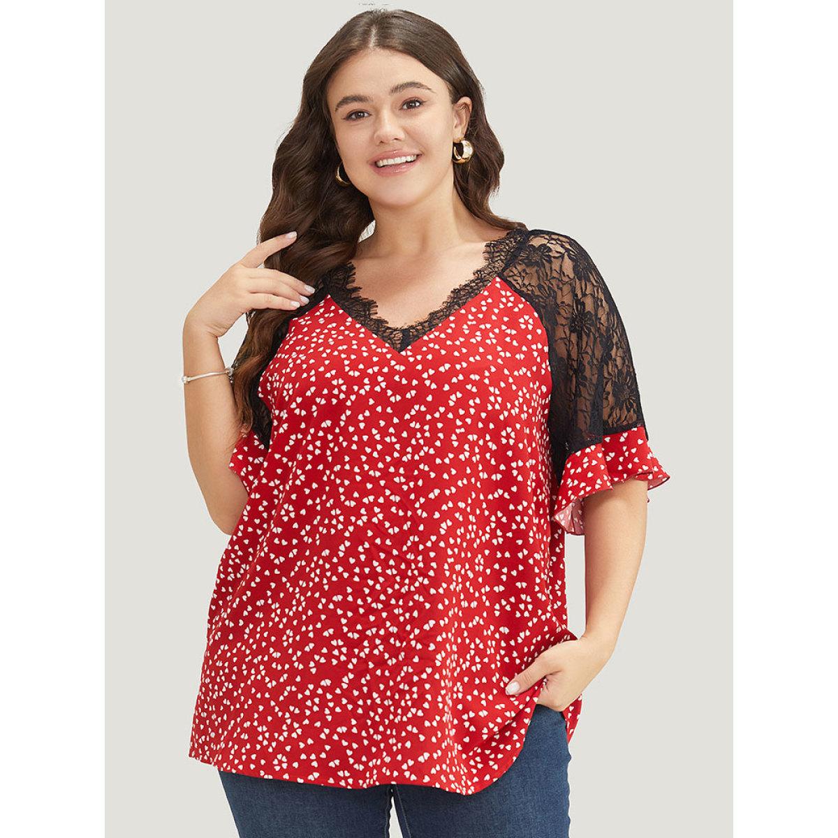 Plus Size Scarlet Heart Print Contrast Lace Ruffle Sleeve Blouse Women Elegant Half Sleeve V-neck Dailywear Blouses BloomChic 10/M Product Image