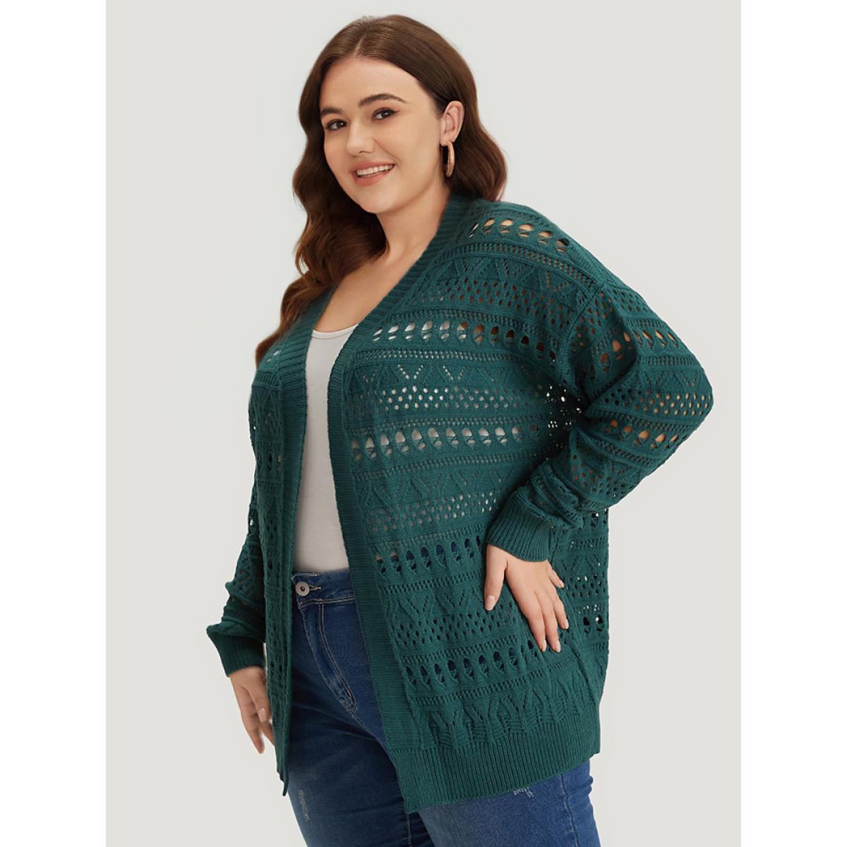 Plus Size Geometric Eyelet Open Front Loose Cardigan Cyan Women Casual Loose Long Sleeve Office Cardigans BloomChic 14-16/1X Product Image