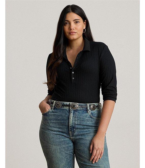 Lauren Ralph Lauren Plus Size Rib-Knit Polo Collar 3/4 Sleeve Shirt Product Image