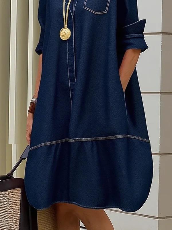 Long Sleeves Loose Buttoned Pockets Solid Color Lapel Midi Dresses Product Image