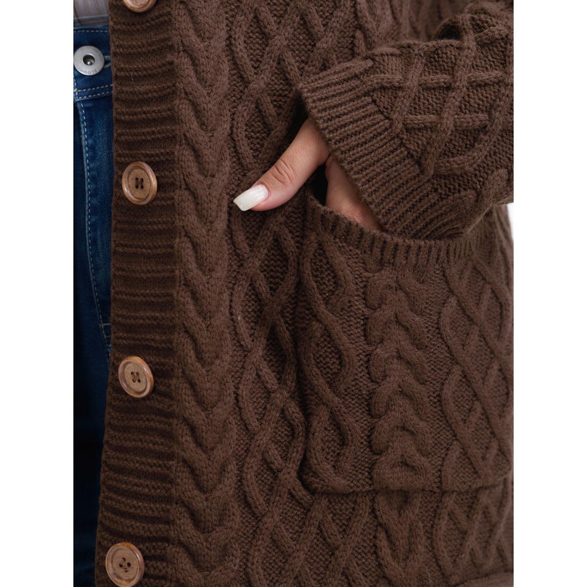 Plus Size Cableknit Textured Button Pocket Knit Cardigan Browncoffeecolor Women Leisure Loose Long Sleeve Casual Cardigans BloomChic 18-20/2X Product Image