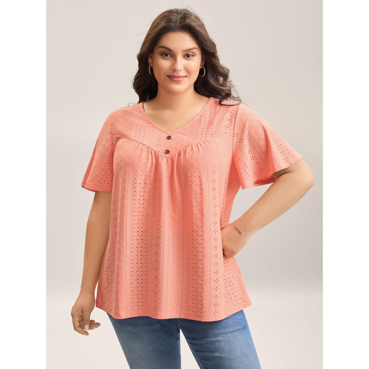 Plus Size Textured Button Detail Pleated T-Shirt Coral Women Casual Texture V-neck Everyday-Casual T-shirts BloomChic 26/4X Product Image