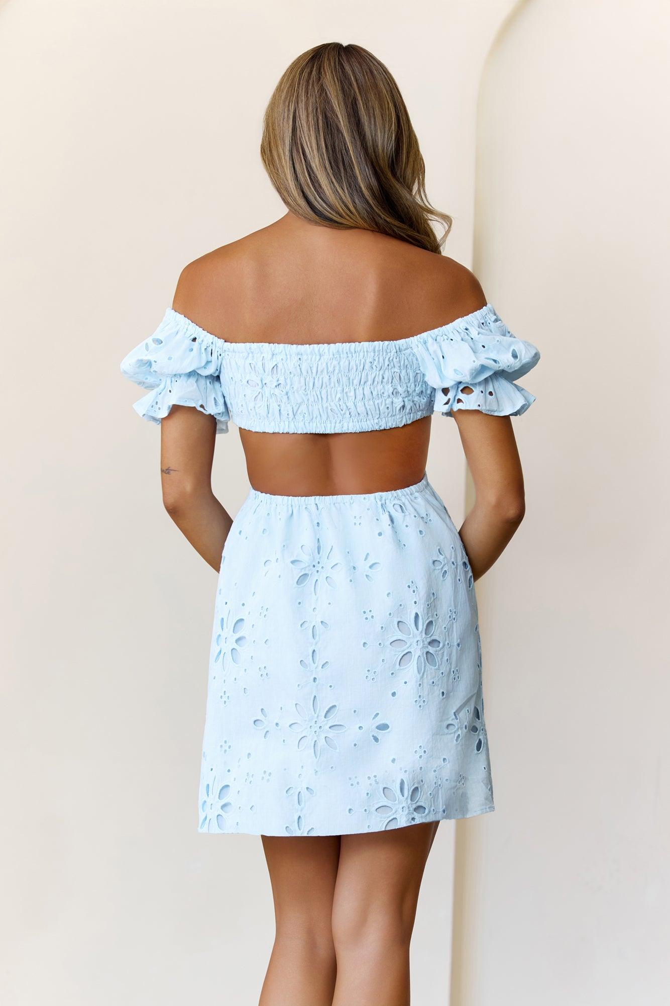 Love That Lasts Off Shoulder Embroidered Mini Dress Blue Product Image