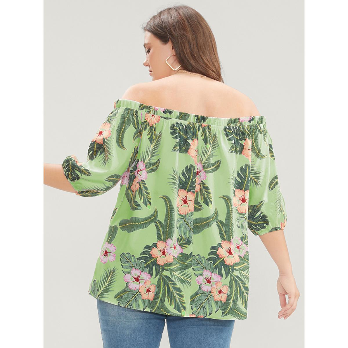 Plus Size LightGreen Tropical Print Off Shoulder Lantern Sleeve Blouse Women Vacation Short sleeve One-shoulder neck Dailywear Blouses BloomChic 30/6X Product Image