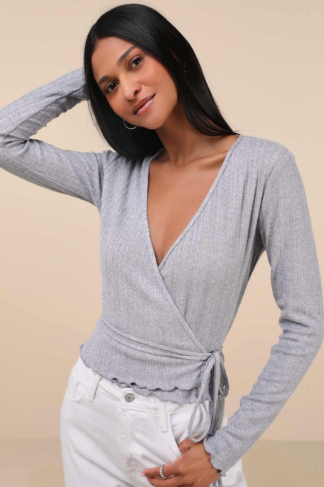 Lovable Favorite Grey Pointelle Knit Long Sleeve Wrap Top Product Image