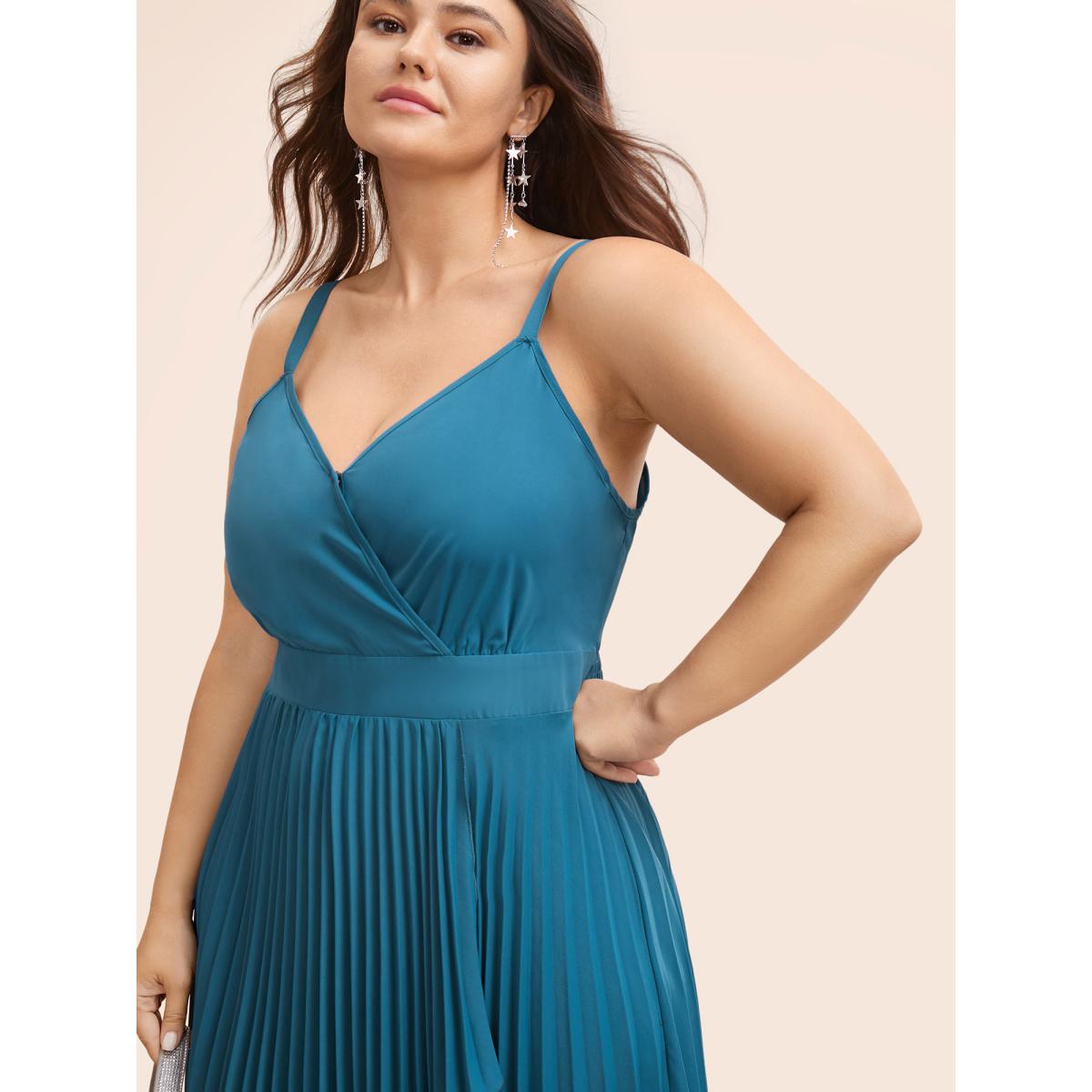 Plus Size Solid Shirred Wrap Hem Cami Dress Aegean Women Cocktail Overlapping Overlap Collar Sleeveless Curvy BloomChic 22-24/3X Product Image