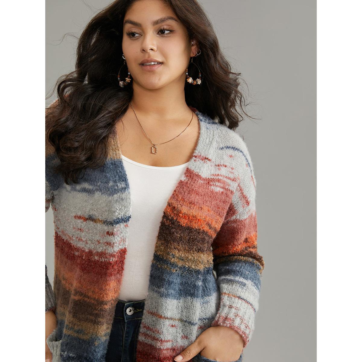 Plus Size Ombre Heather Contrast Pocket Cardigan Multicolor Women Casual Loose Long Sleeve Dailywear Cardigans BloomChic 10/M Product Image