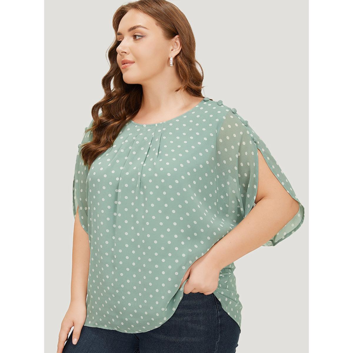 Plus Size Mint Polka Dot Pleated Button Detail Split Sleeve Blouse Women Elegant Half Sleeve Round Neck Dailywear Blouses BloomChic 14-16/1X Product Image