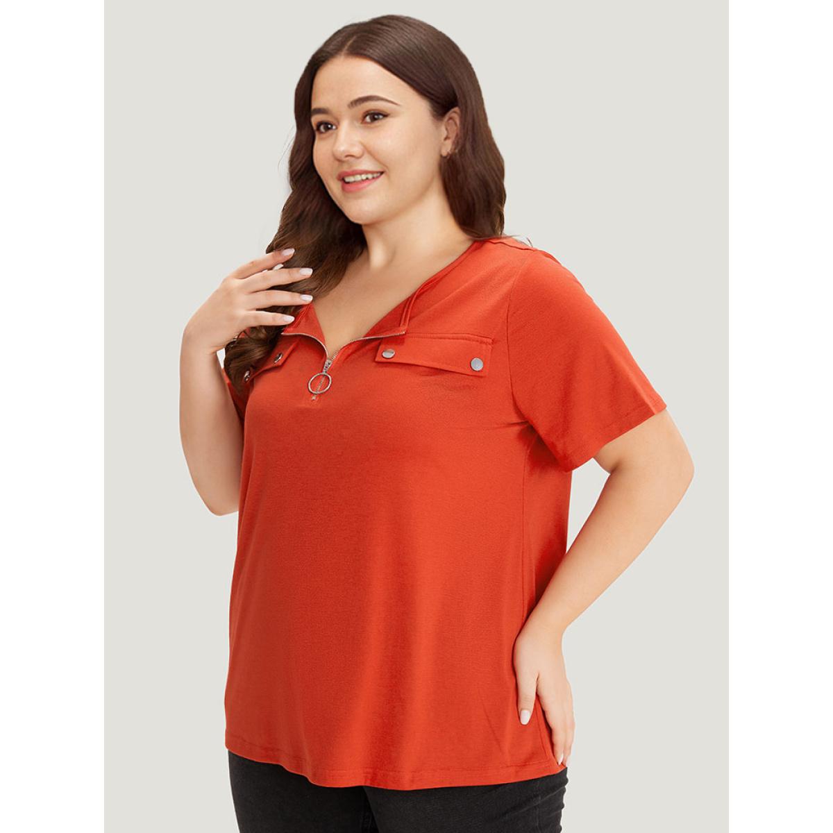 Plus Size plain Ring Zipper Patchwork T-shirt OrangeRed Women Casual Zipper Plain Open Front Dailywear T-shirts BloomChic 12/L Product Image