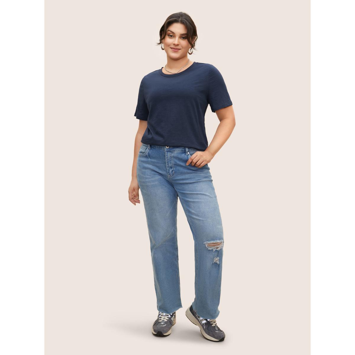 Plus Size Cotton Solid Crew Neck Pit Strip T-shirt Indigo Women Basics Non Round Neck Everyday T-shirts BloomChic 12/L Product Image