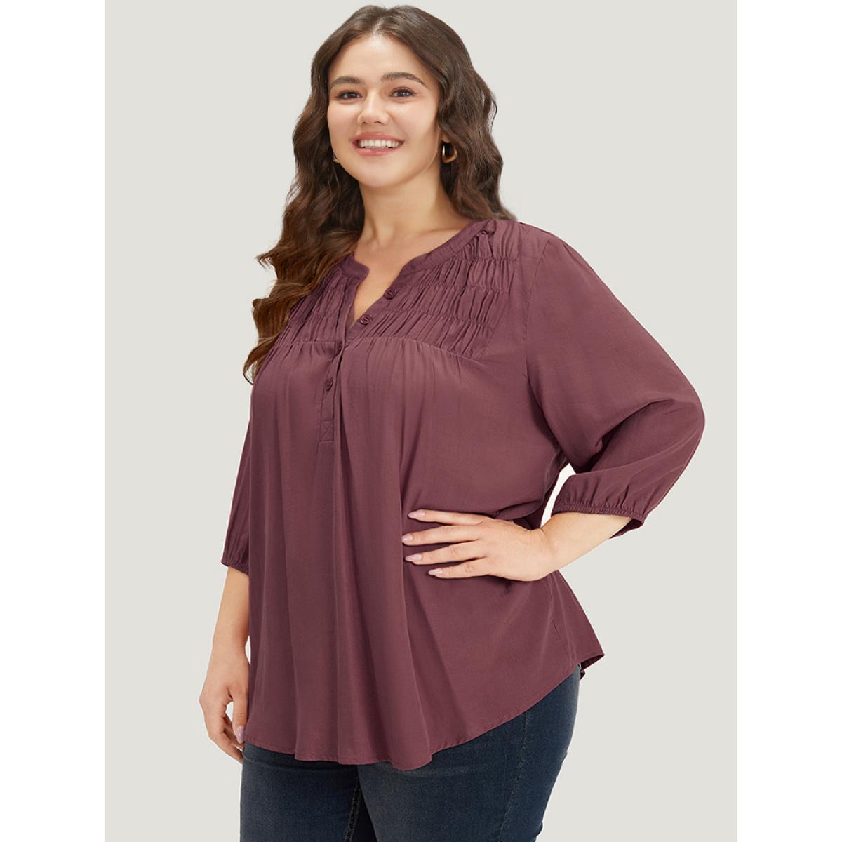 Plus Size Scarlet Plain Notched Button Through Elastic Cuffs Shirred Blouse Women Office Elbow-length sleeve V-neck Office Blouses BloomChic 30/6X Product Image