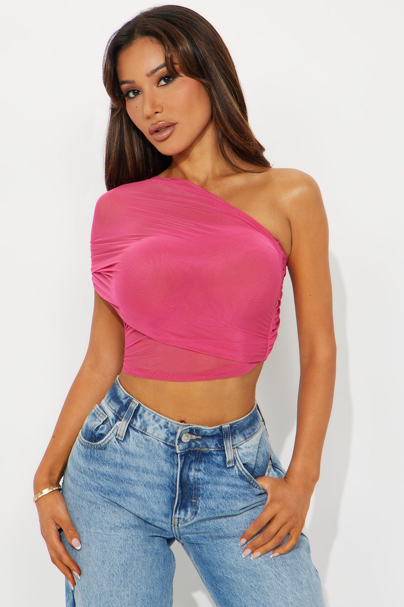 Year Round Mesh One Shoulder Top - Fuchsia Female Product Image