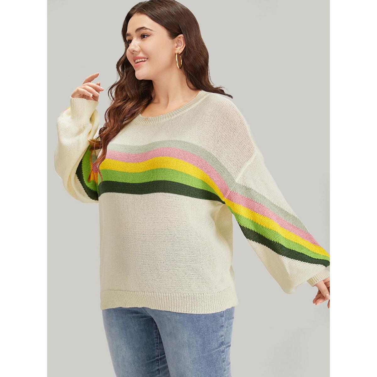 Plus Size Rainbow Lantern Sleeve Drop Shoulder Elastic Cuffs Pullover Beige Women Casual Loose Long Sleeve Round Neck Dailywear Pullovers BloomChic 28/5X Product Image