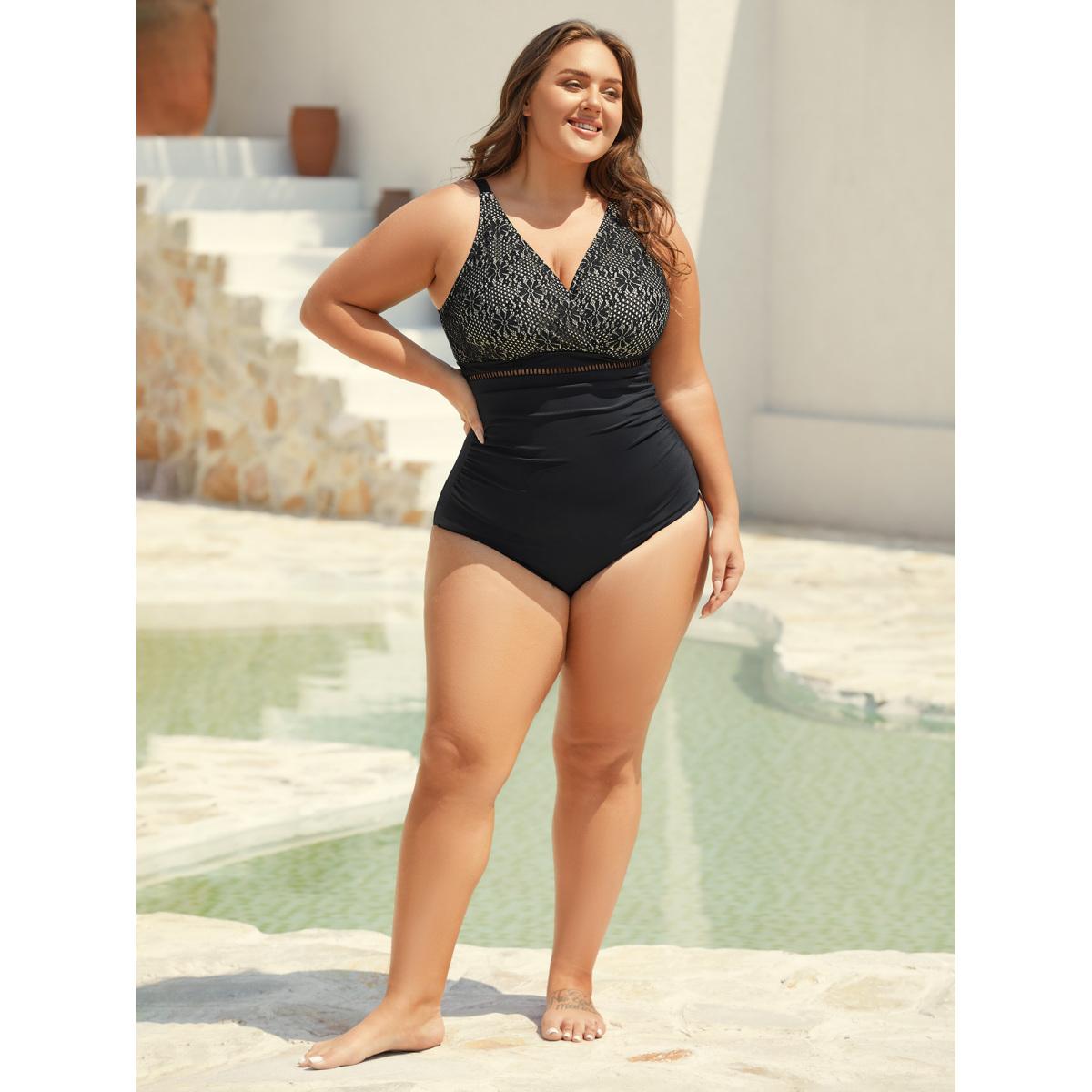 Plus Size Ribbon Lace Trim One-Piece Swimsuit Women's Swimwear Black Resort Gathered Curve Bathing Suits High stretch One Pieces BloomChic 14-16/1X Product Image