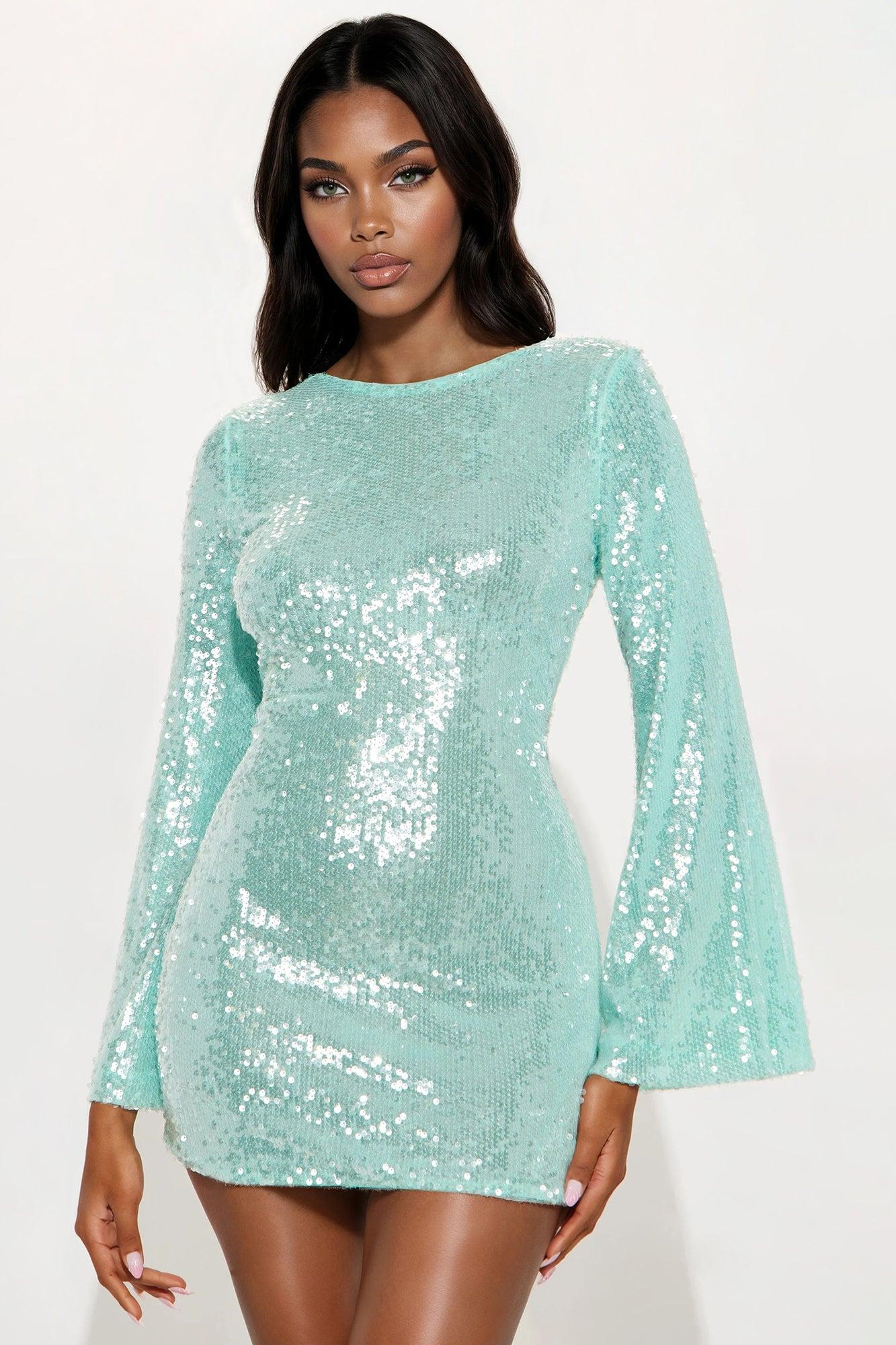 Cassie Long Sleeve Sequin Mini Dress - Aqua Female Product Image