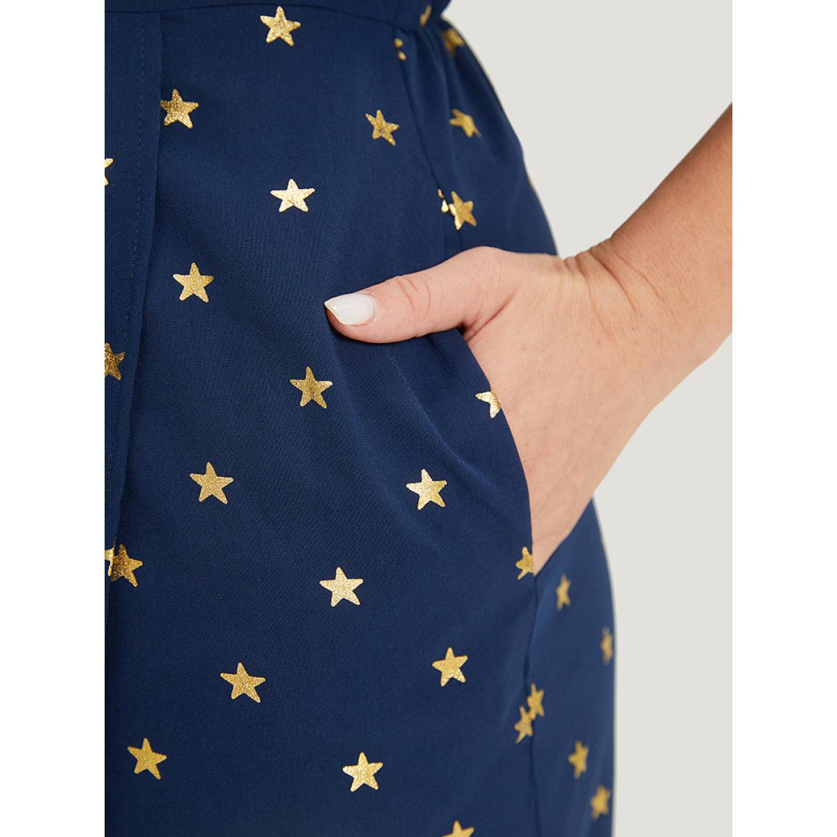 Plus Size Star Wrap Ties Pocket Ruffle Sleeve Dress Indigo Women Party Wrap Overlap Collar Sleeveless Curvy Midi Dress BloomChic 28/5X Product Image
