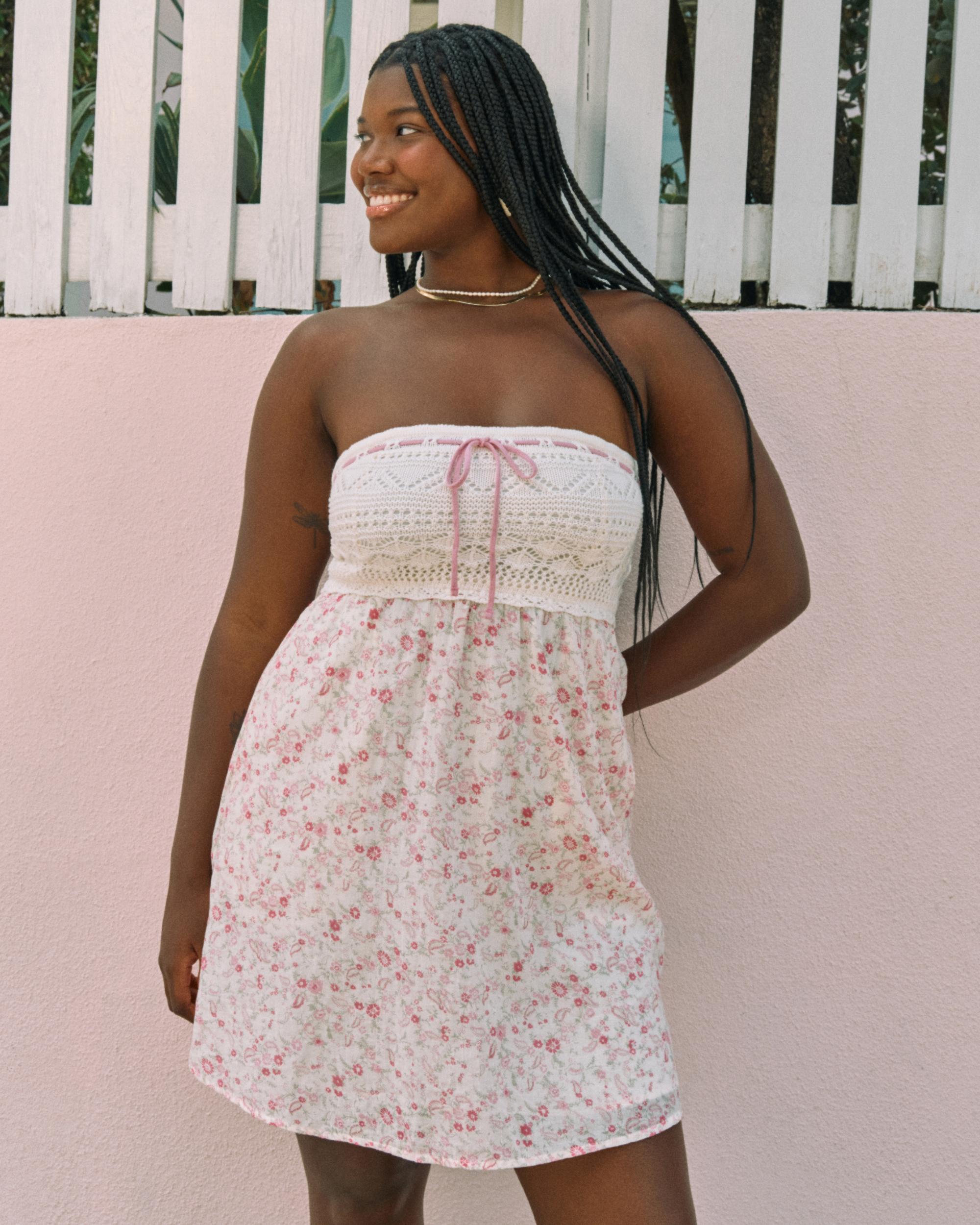 Strapless Crochet-Style Mix Mini Dress Product Image