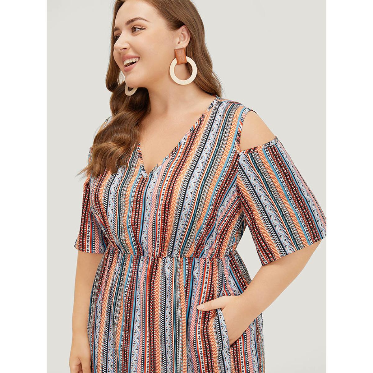 Plus Size Rainbow Striped Pocket Cold Shoulder Dress Multicolor Women Vacation V-neck Short sleeve Curvy Midi Dress BloomChic 14-16/1X Product Image
