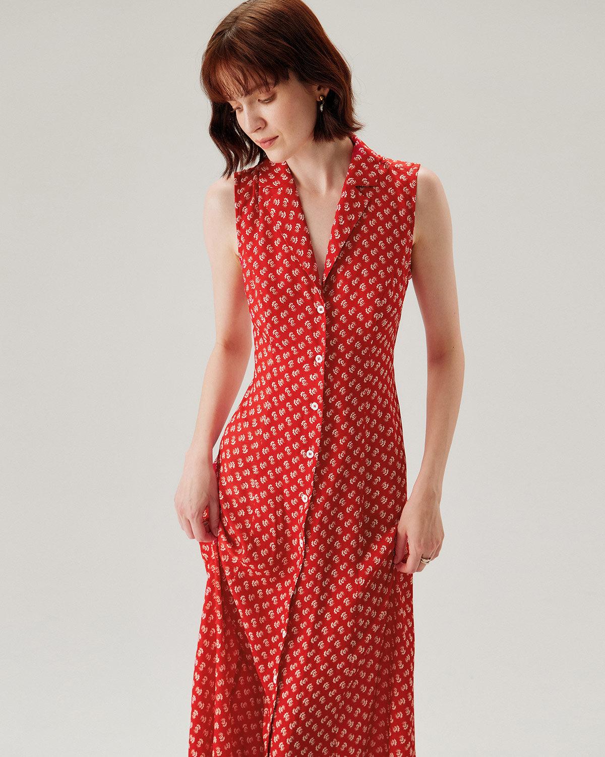 Red Floral Button Sleeveless Maxi Dress Product Image