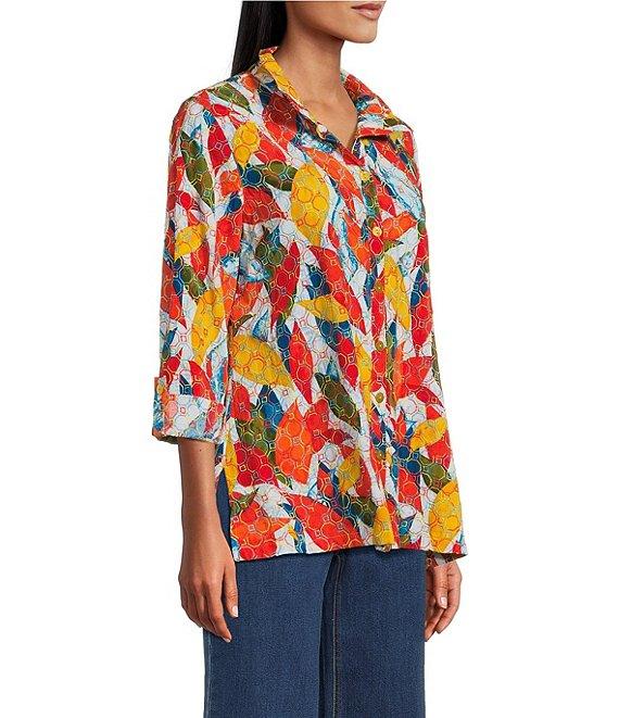 John Mark Petite Size Embroidered Abstract Leaf Print Wire Collar 3/4 Roll-Tab Sleeve Hi-Low Hem Button Front Tunic Product Image