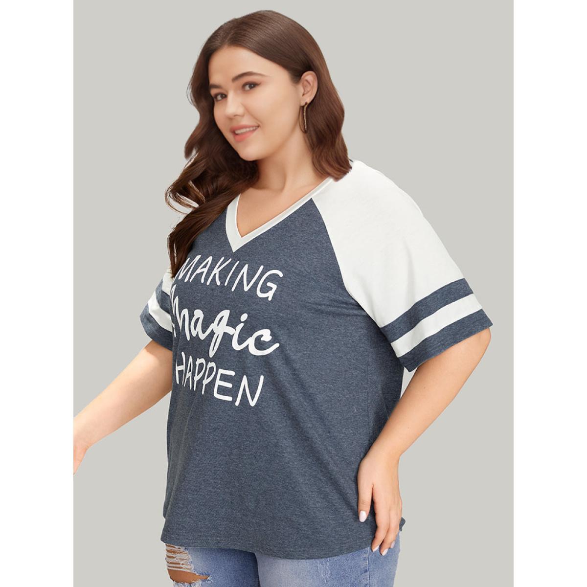 Plus Size Letter Print Patchwork Raglan Sleeve T-shirt Multicolor Women Casual Contrast Letter Dailywear T-shirts BloomChic 12/L Product Image