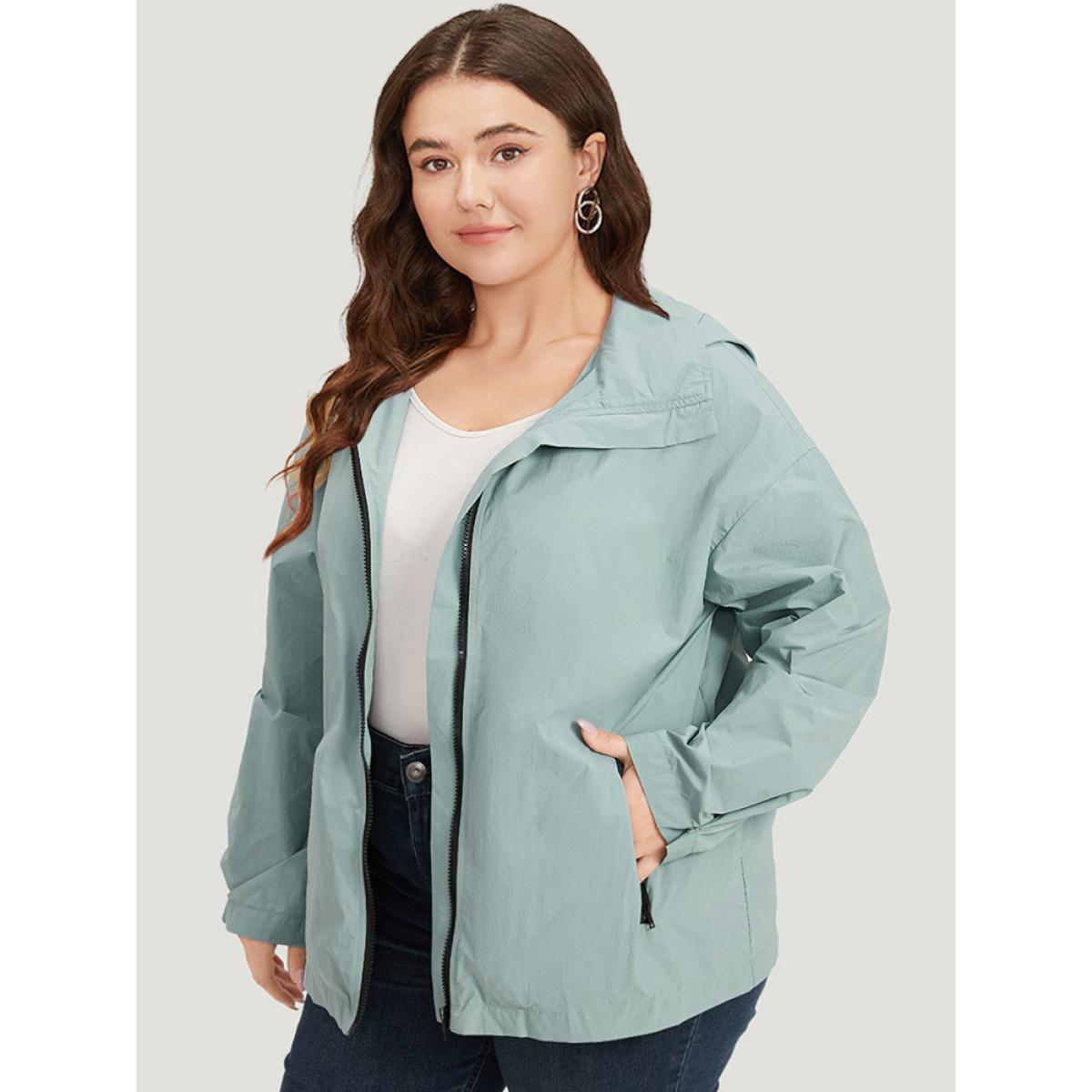 Plus Size Plain Hooded Pocket Zipper Fly Jacket Women SlateGray Plain Pocket Dailywear Jackets BloomChic 28/5X Product Image