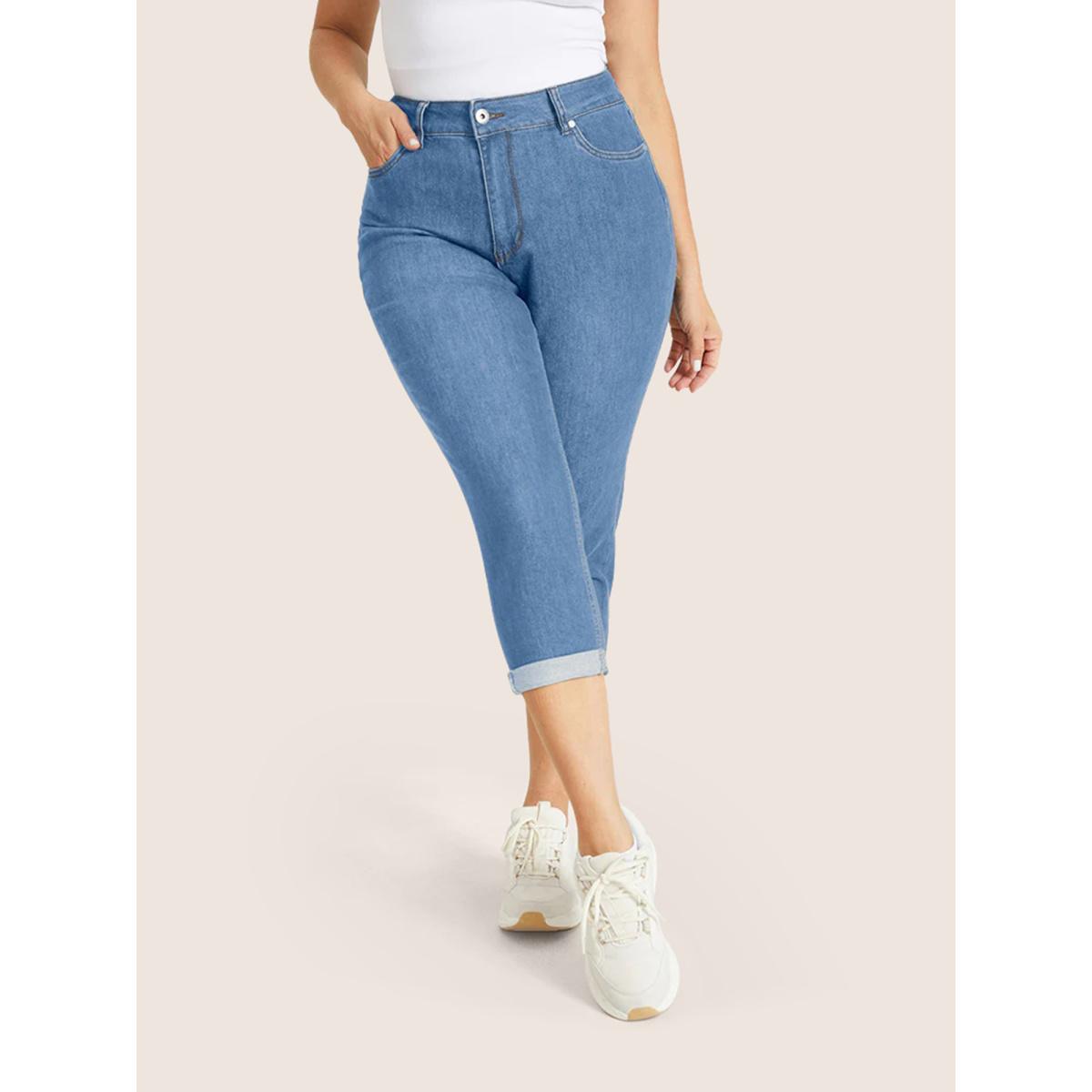 Plus Size Very Stretchy High Rise Dark Wash Cropped Jeans Women LightBlue Leisure Plain High stretch Slanted pocket Jeans BloomChic 16/1X Product Image
