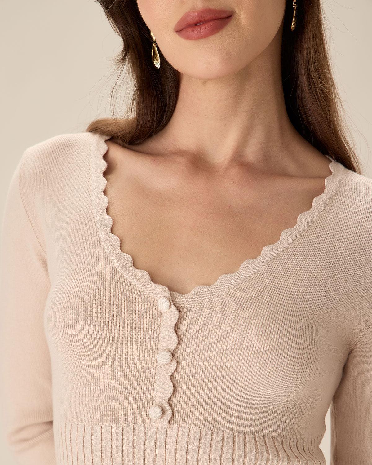 Apricot V-Neck Bodycon Sweater Dress Product Image