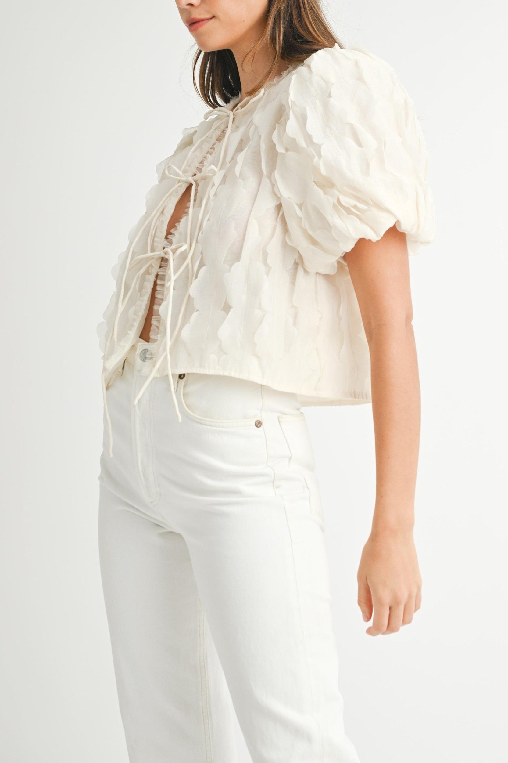 Textured Scallop Puff Sleeve Blouse Top Product Image