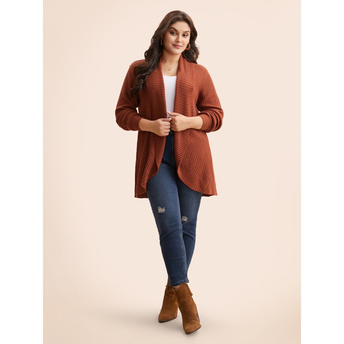 Plus Size Kimono Collar Texture Cable Knit Cardigan Russet Women Casual Loose Long Sleeve Everyday Cardigans BloomChic 28/5X Product Image