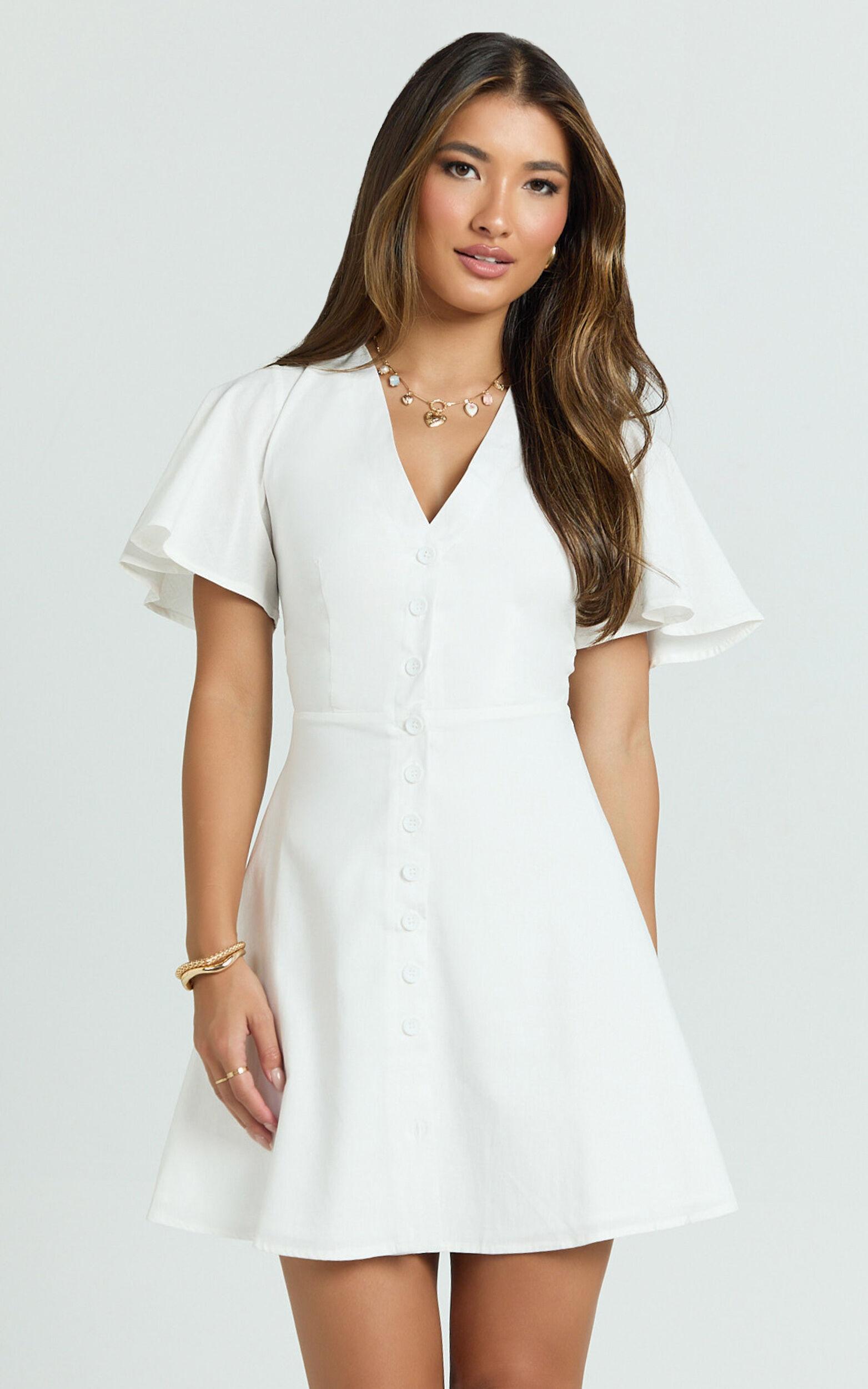 Sahar Mini Dress - Flutter Sleeve Button Through Dress in White Product Image