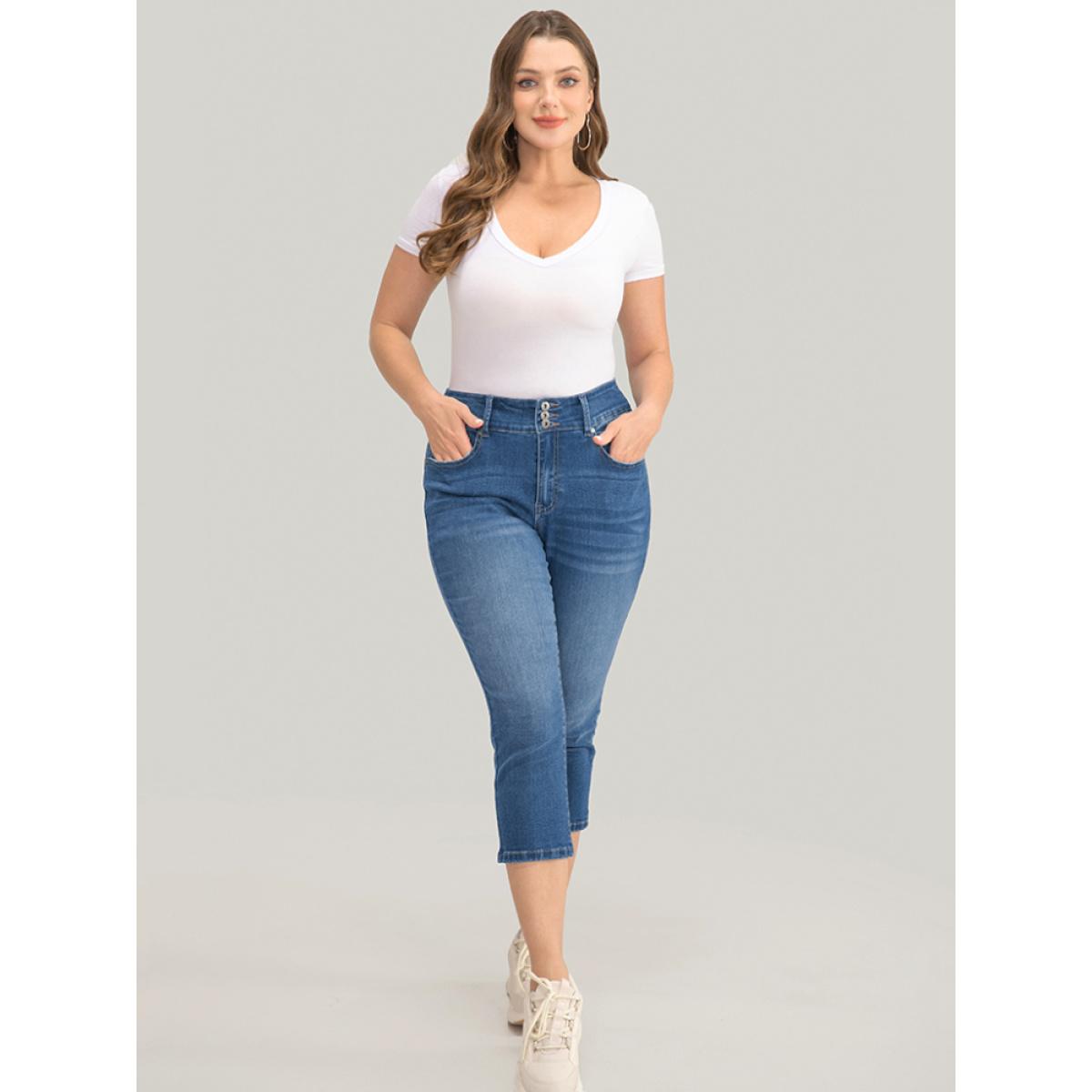 Plus Size Very Stretchy High Rise Medium Wash Cropped Jeans Women Cerulean Casual Plain High stretch Jeans BloomChic 28/5X Product Image