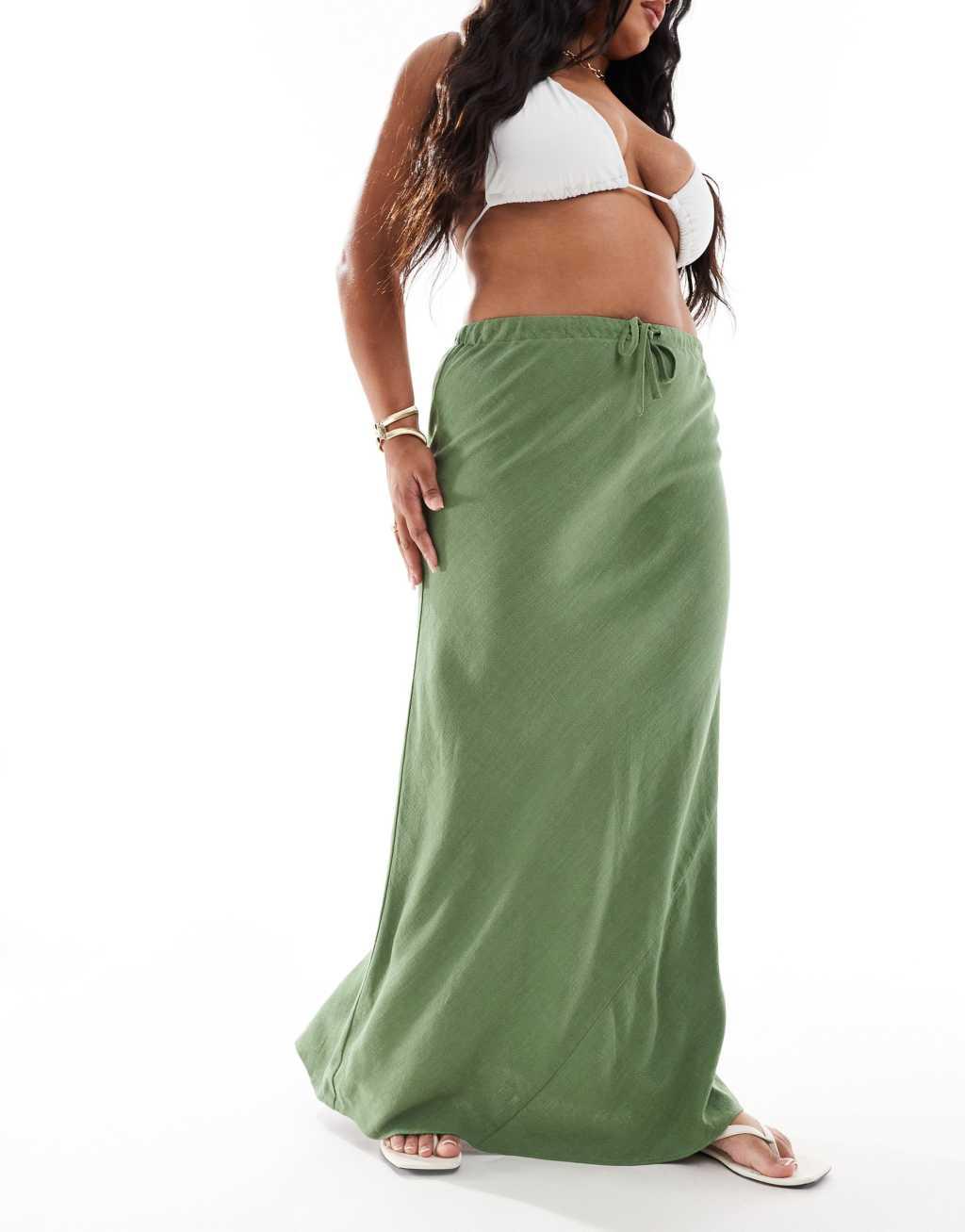 ASOS DESIGN Curve linen look tie waist bias maxi skirt in khaki Product Image
