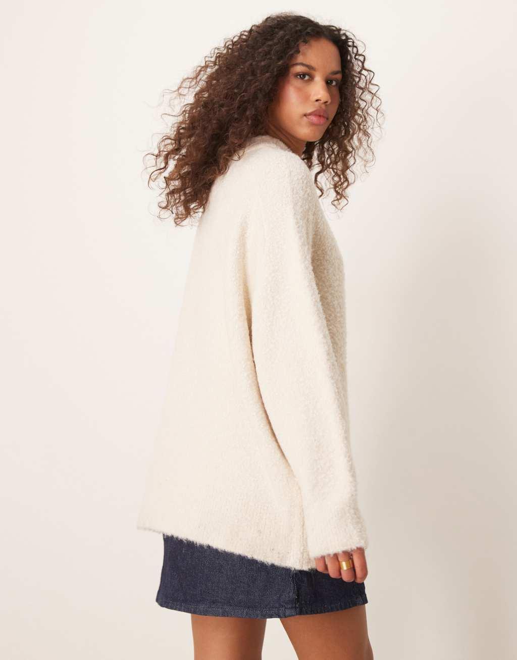 ASOS DESIGN crew neck oversized boucle sweater in cream Product Image
