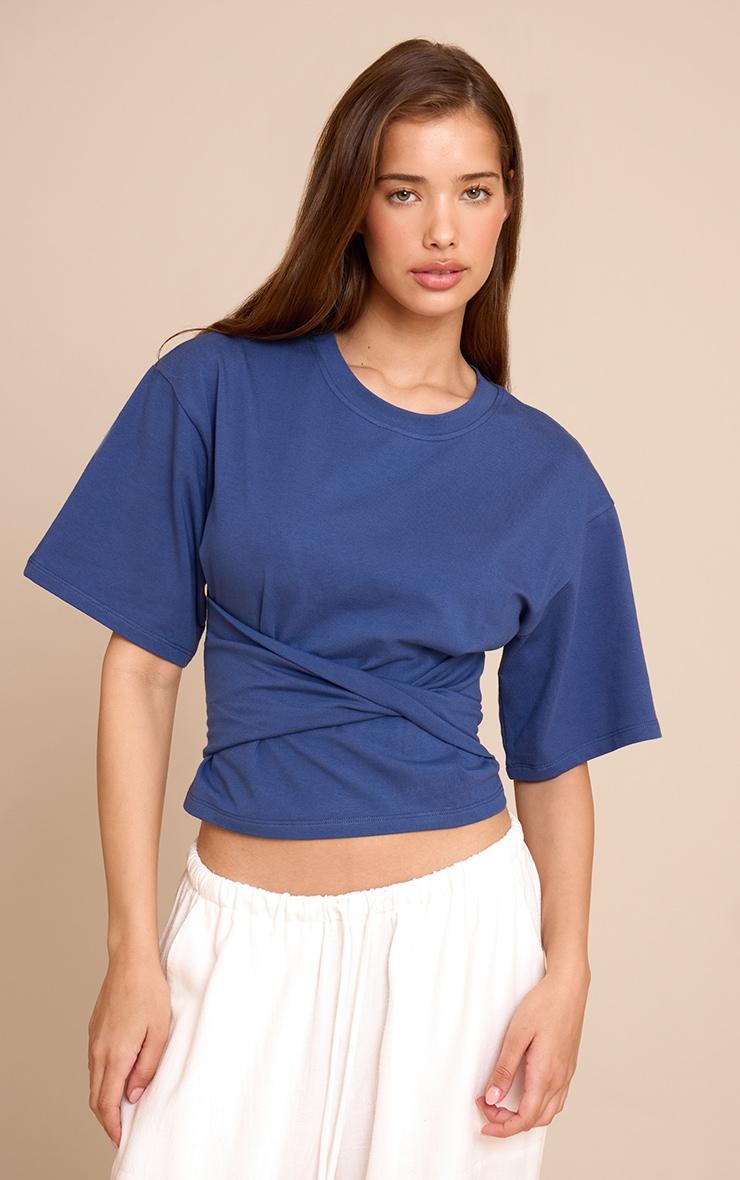 Blue Cotton Wrap Front T Shirt Product Image