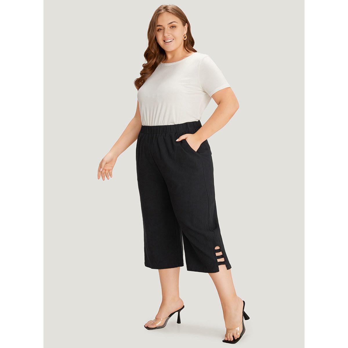 Plus Size Solid Cut Out Pocket Loose Cropped Pants Women Black Elegant Straight Leg High Rise Dailywear Pants BloomChic 28/5X Product Image