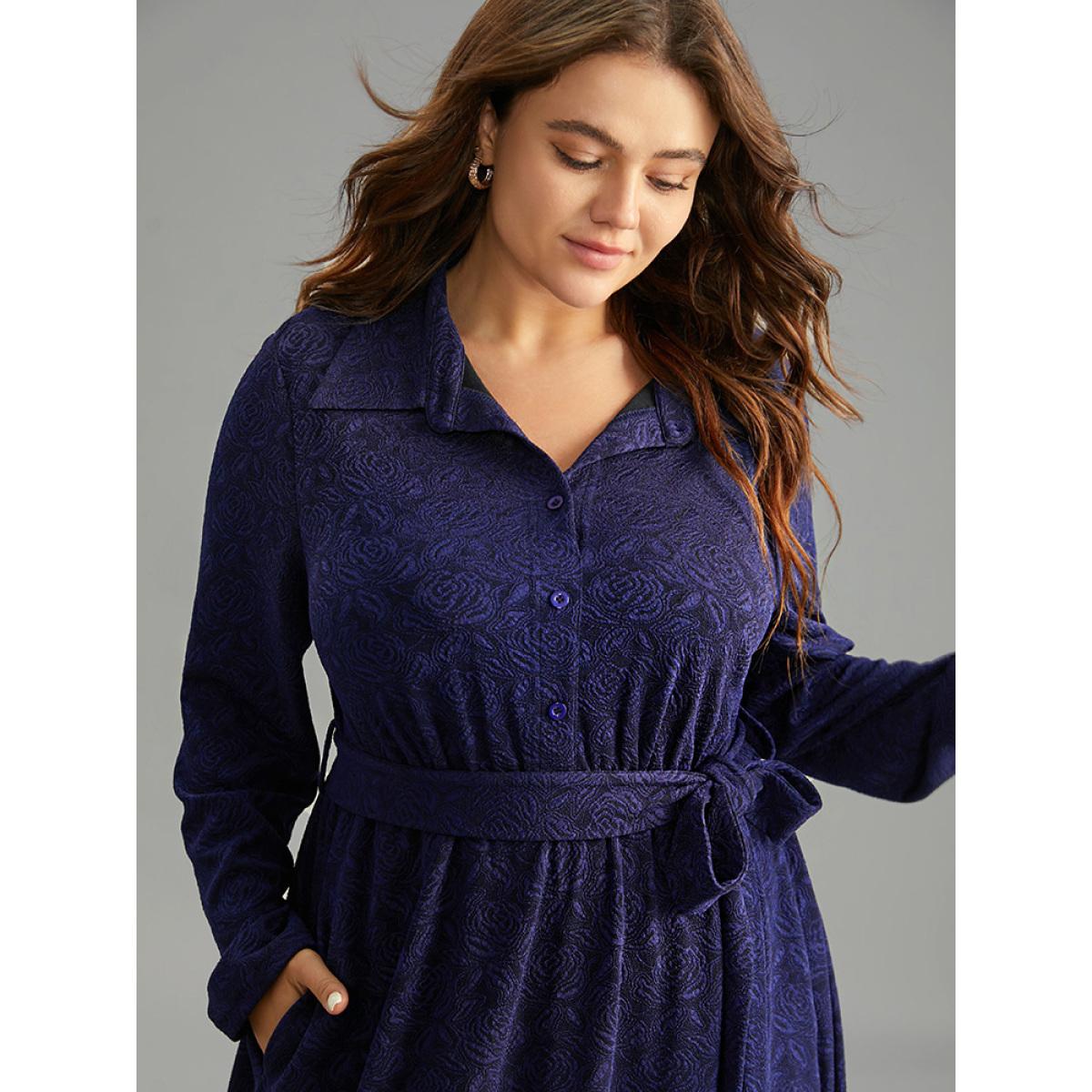 Plus Size Graphic Jacquard Shirt Collar Belted Dress Indigo Women Office Texture Shirt collar Long Sleeve Curvy Midi Dress BloomChic 12/L Product Image