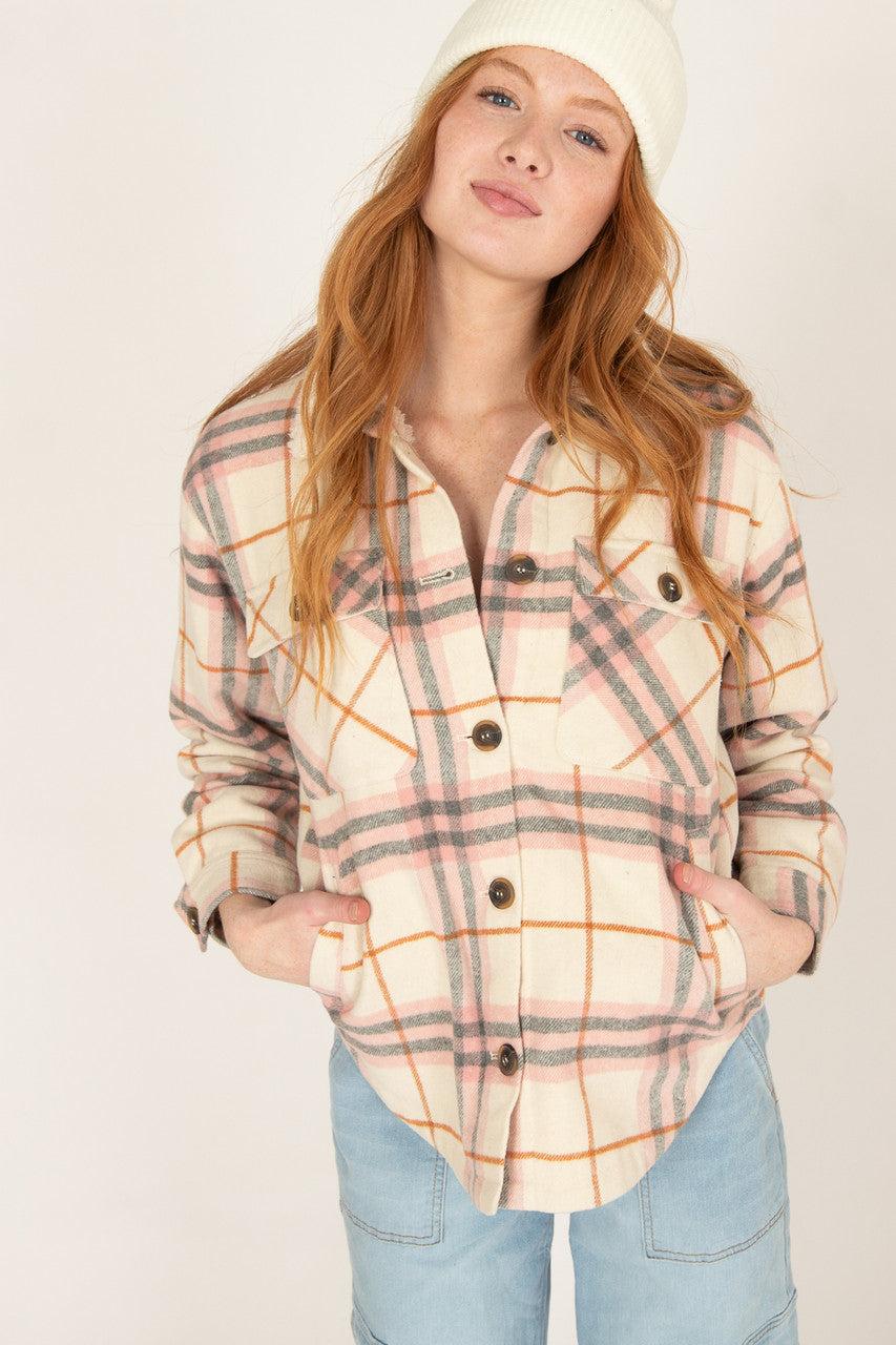 Ivory Sherpa Collar Plaid Trucker Jacket Product Image