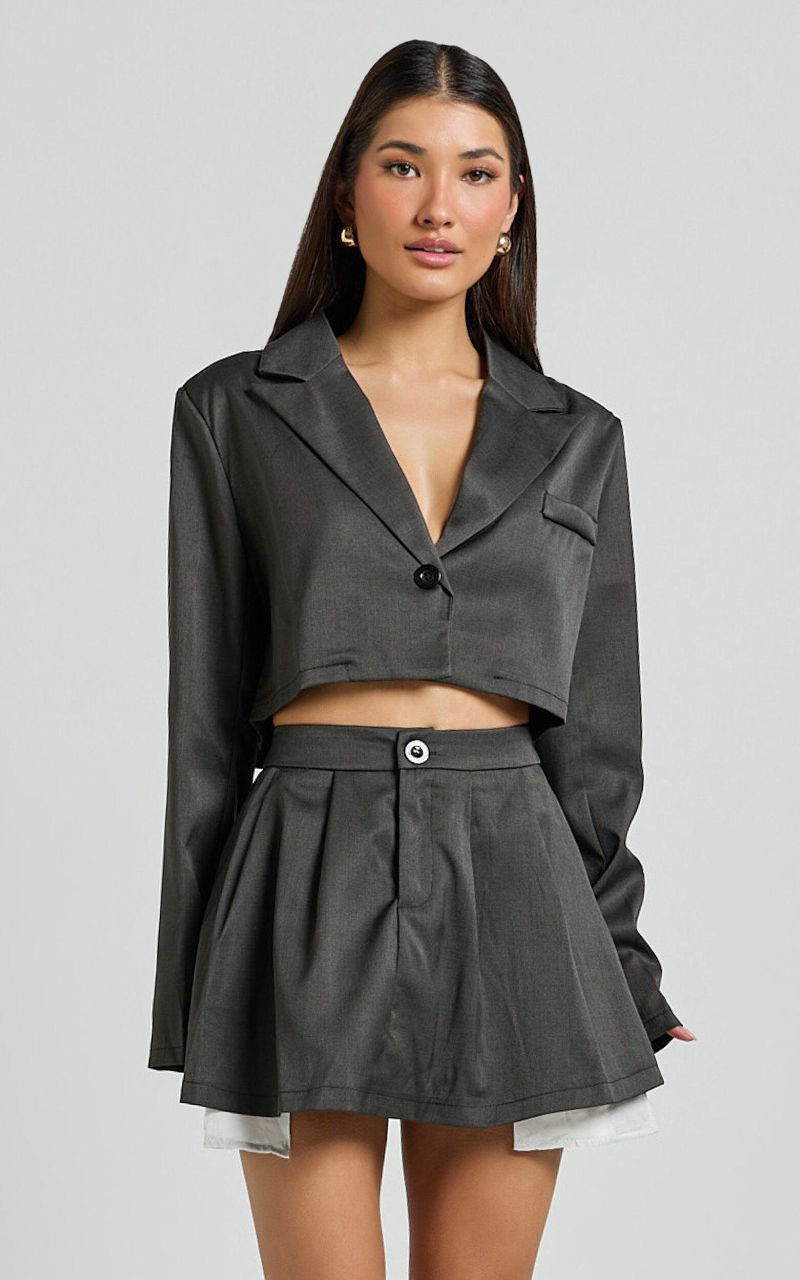 Zora Two Piece Set - Cropped Blazer and Pleated Mini Skirt Set in Charcoal Product Image