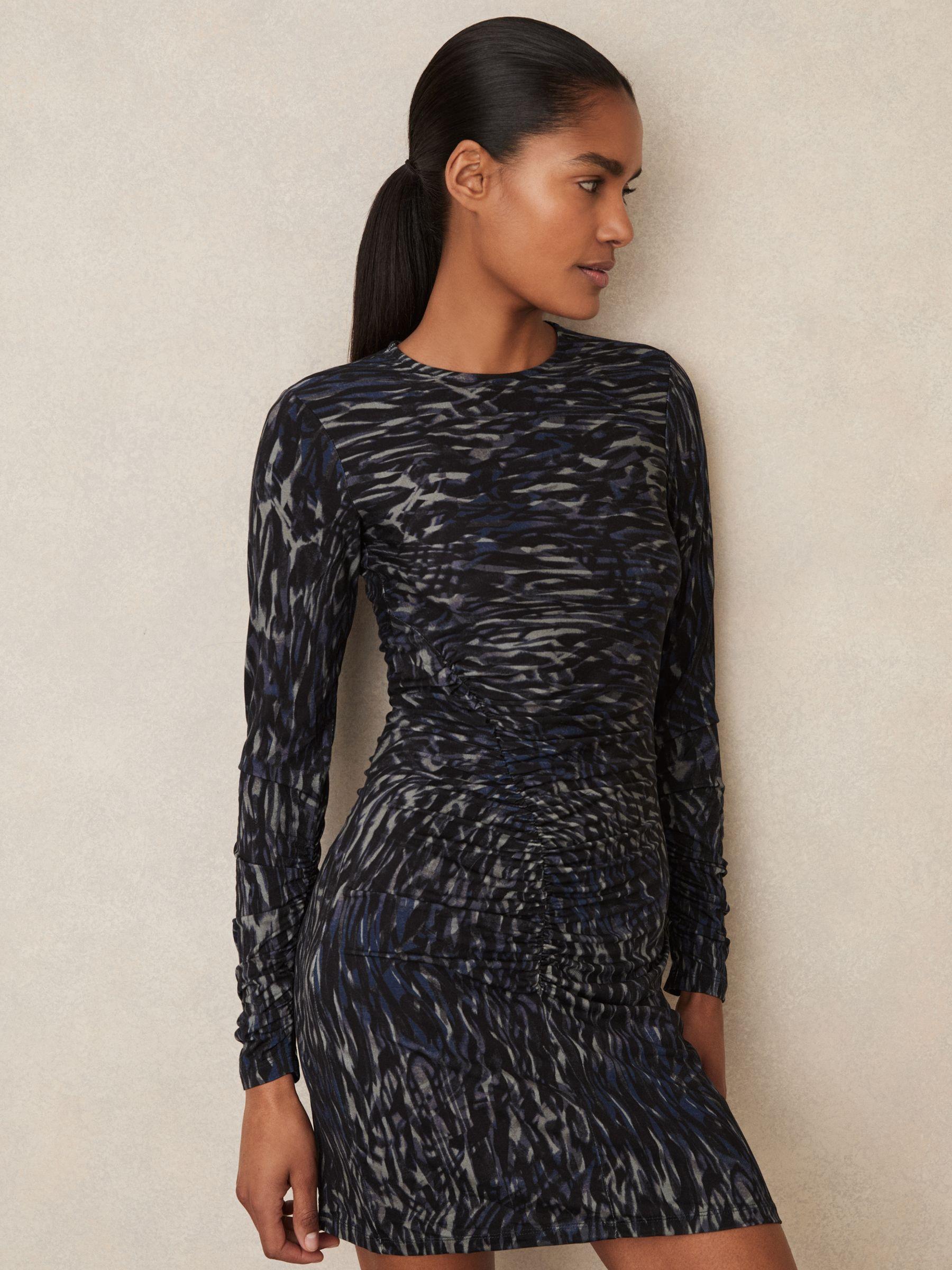 Printed Jersey Ruched Mini Dress in Charcoal Product Image