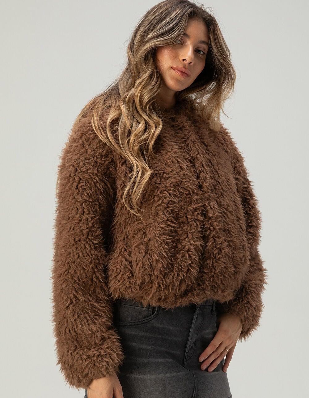 RSQ Womens Long Fur Hooded Jacket - TAN Product Image